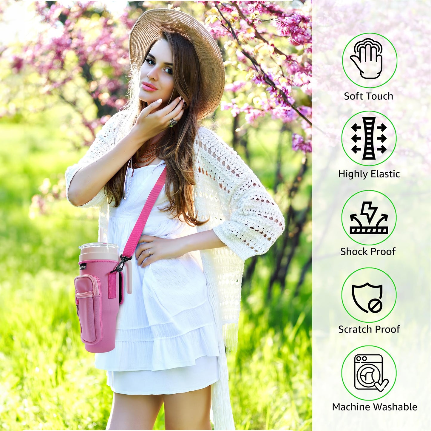H2oEase Water Bottle Carrier Bag for Stanley Cup 40 oz - Insulated Neoprene Tumbler Carrier with Phone Pocket - Water Bottle Holder with Strap and Carabiner Compatible with Stanley- Pink