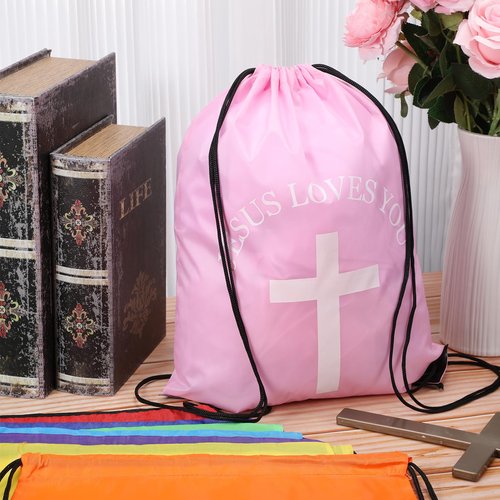 SilTriangle Jesus Loves You Drawstring Backpack Bulk Easter Church Gifts Christian Religious Gift Bag Polyester Backpack (Multicolor,20 Pcs)