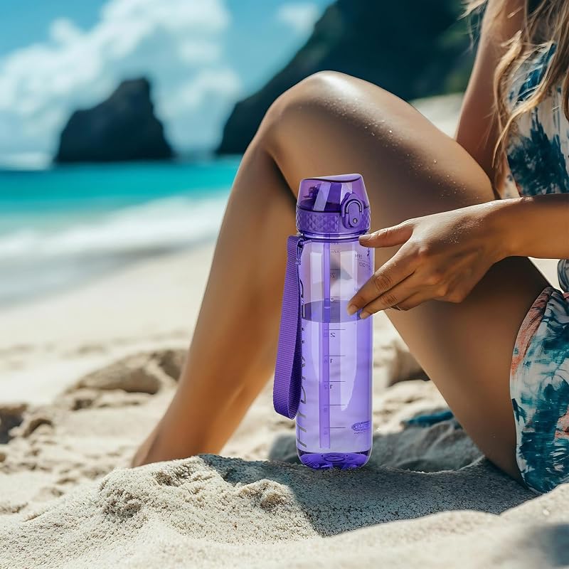 GOPPUS 32oz Clear Water Bottle with Straw & Time Marker - Deep Purple 32 Ounce