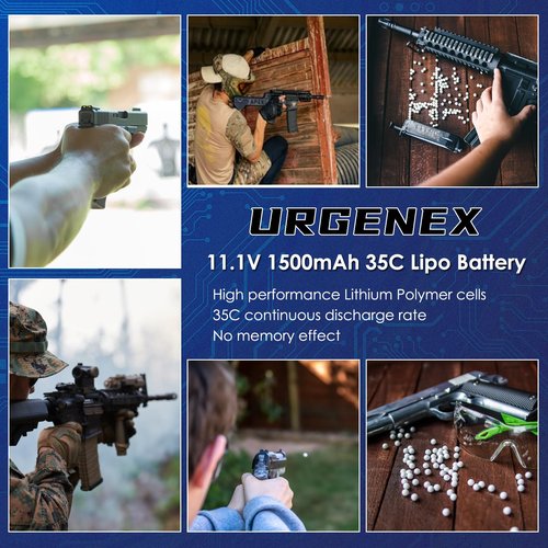 URGENEX Airsoft Battery 11.1V 1500mAh 35C High Discharge Rate Lipo Pack with Deans T Plug Rechargeable 3S Lipo for Airsoft Model Guns