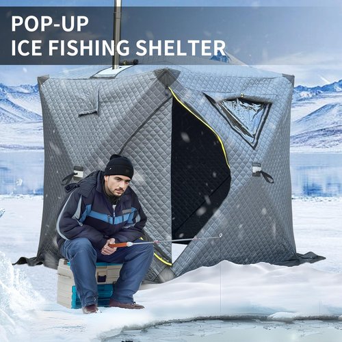 TENPLAY Portable Pop Up3-4 Person Ice Fishing Shelter,Fully Insulated Winter Ice Fishing Shanty,Sauna Tent with 3-Layer Thermal Hub,Windproof,Warm,All-weatherr,with CarryBag,Ice Anchors,Rain Cover