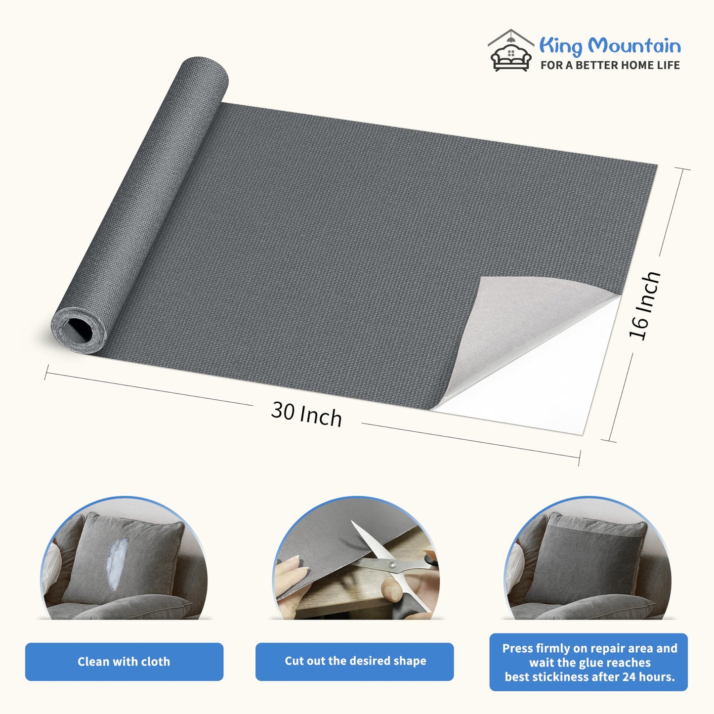 KING MOUNTAIN Canvas Repair Patch 16×30 Inch Self-Adhesive Waterproof Fabric Patch for Sofas, Tents, Furniture,Tote Bags, Car Seats (Charcoal Grey)