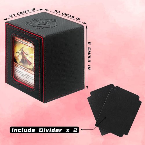 RADWIMPS Card Deck Box For MTG Commander Deck, Fits 100+ Cards, Magnetic Card Box Organizer With 2 Dividers & Window Display, Perfect for Magic Commander TCG, CCG Cards (Black&Red)