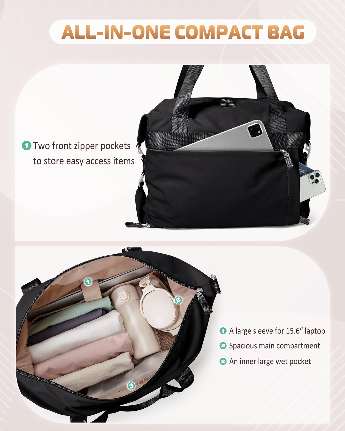 Smasrob Convertible Women Gym Bag with Shoe Compartment and Wet Pocket, Women Duffle Bag with Multiple Pockets and Crossbody Shoulder Strap for Travel and Gym, Black