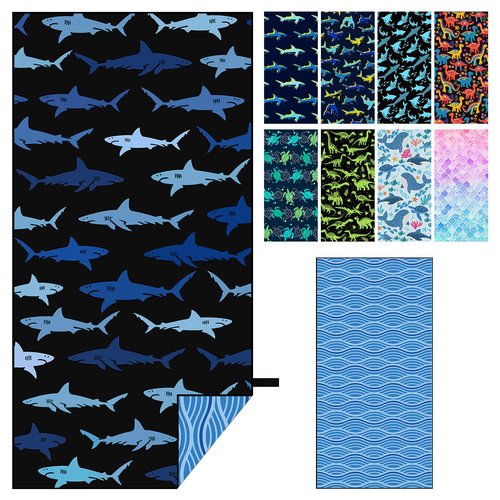 MelonBoat Large Microfiber Beach Towel: Bright Blue Cyan Shark Beach Towel for Travel, Super Absorbent Quick Dry Sand Free, Lightweight Compact for Kids Trip Vacation Bath Camping Pool Swim, 1 Pack