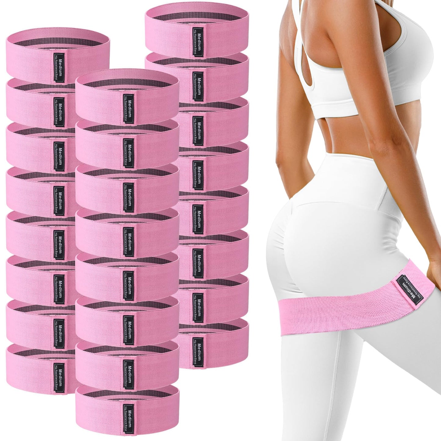 Bunnycool 24 Pcs Fabric Resistance Bands for Working Out Strength Exercise Bands for Women Men Resistance Loop for Legs and Butt, Yoga, Pilates, Rehab, Fitness and Home(Pink,Medium Resistance)