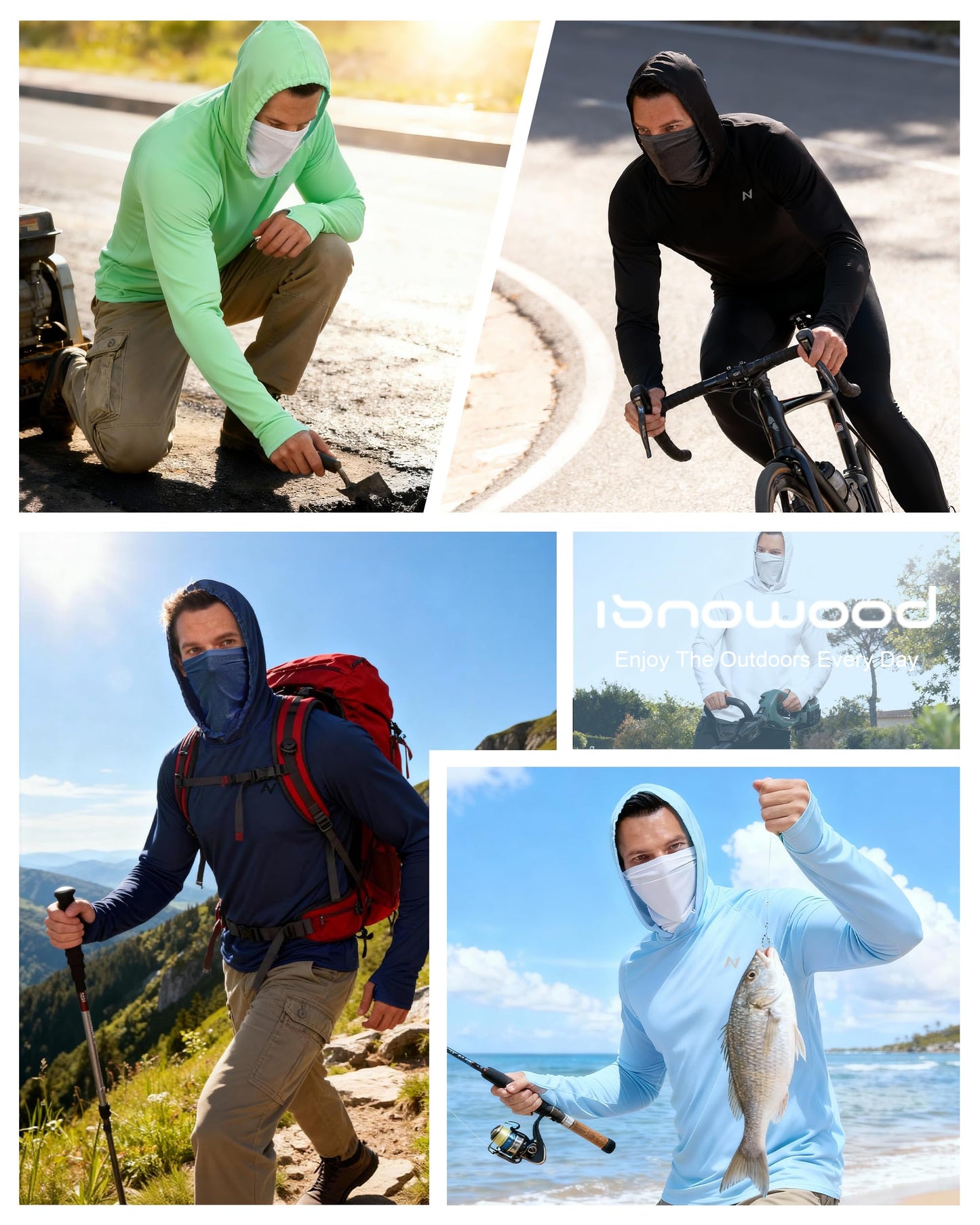 isnowood Sun Shirt UPF 50+ Men's Fishing Long Sleeve UV Protection Hoodie Hiking Rash Guard Swimming Running Light Blue