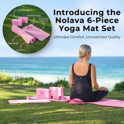 NOLAVA 6-Piece Pink Yoga Mat Set – Non-Slip Mat with Matching Kneeling Pad, Blocks, Strap & Slap Band – Complete Yoga Kit for Home Workouts & Beginners