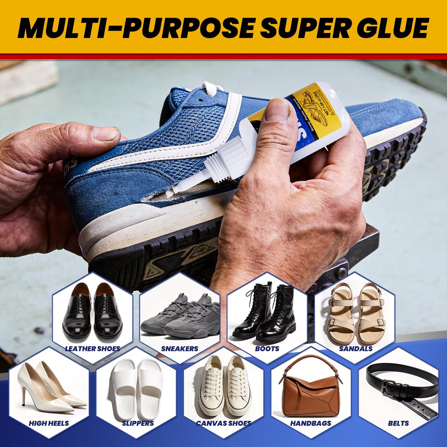 Shoe Glue Sole Repair, Heavy Duty Super Glue for Shoes Boot Sneakers Heels Waterproof, All Purpose Instant Cyanoacrylate Adhesive for Leather Rubber Bottom Soles Handbags, Flexible and Quick Dry