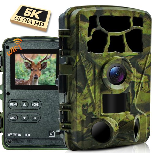 5K Trail Camera, WIFI 60MP Camera, 64GB SD Card, APP Control, Night Vision for Outdoor, Monitoring Game Cameras for Wildlife, Motion Activated 0.2s, IP66 Waterproof, 120°Wide Angle, H.264 MP4 Video