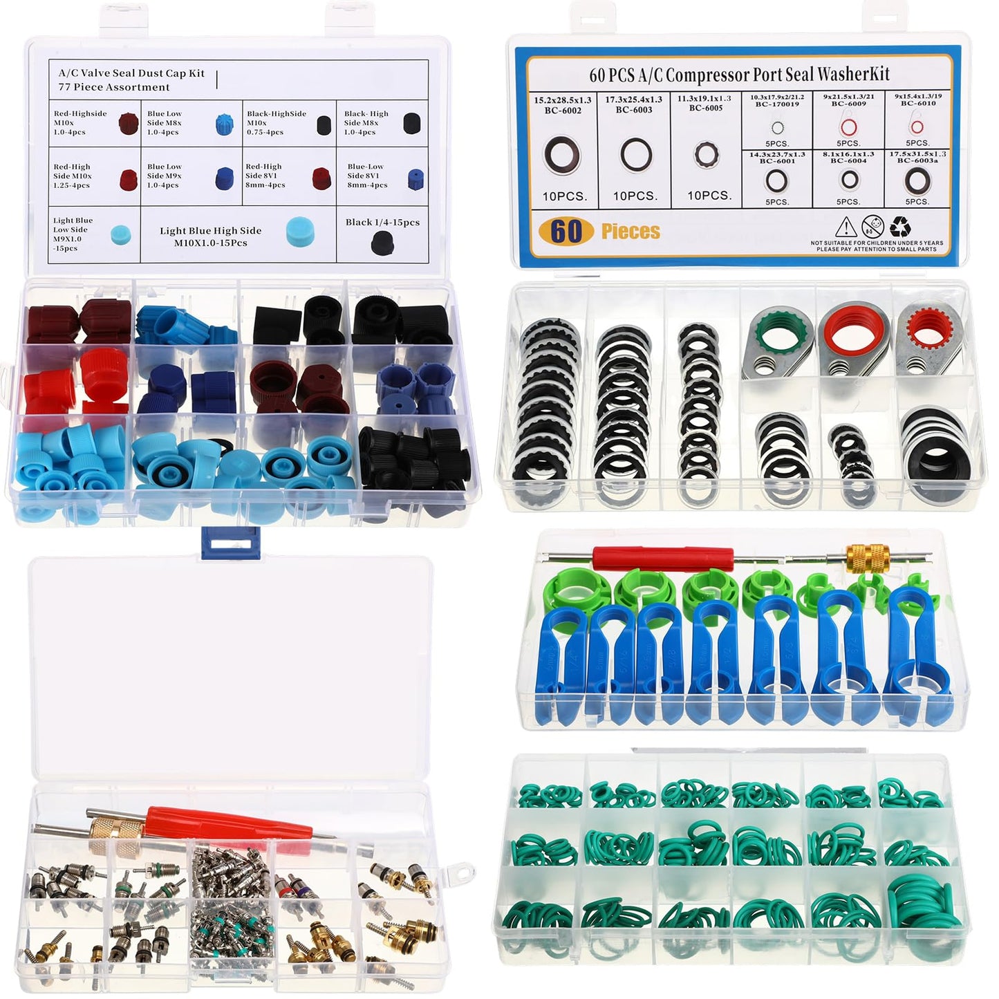 Threlaco 5 Sets/525 Pcs Car A/c Repair Kits with 18 Sizes 270 O-Ring Kit, 102 Valve Cores, 60 Compressor Gaskets, 77 Dust Cap, 39 Valve Core, 16 Ac Fuel Line Disconnect Tool Compatible with R12 R134a