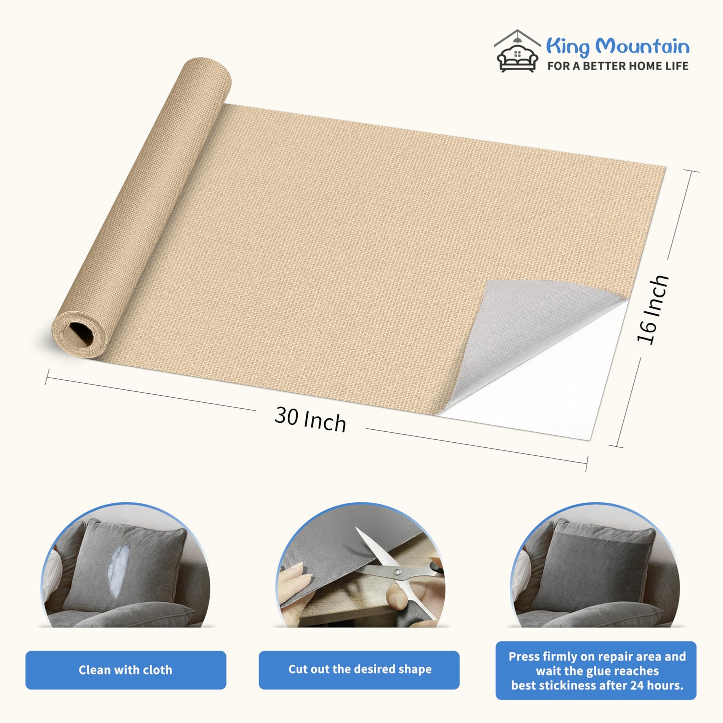 KING MOUNTAIN Canvas Repair Patch 16×30 Inch Self-Adhesive Waterproof Fabric Patch for Sofas, Tents, Furniture,Tote Bags, Car Seats (Khaki)