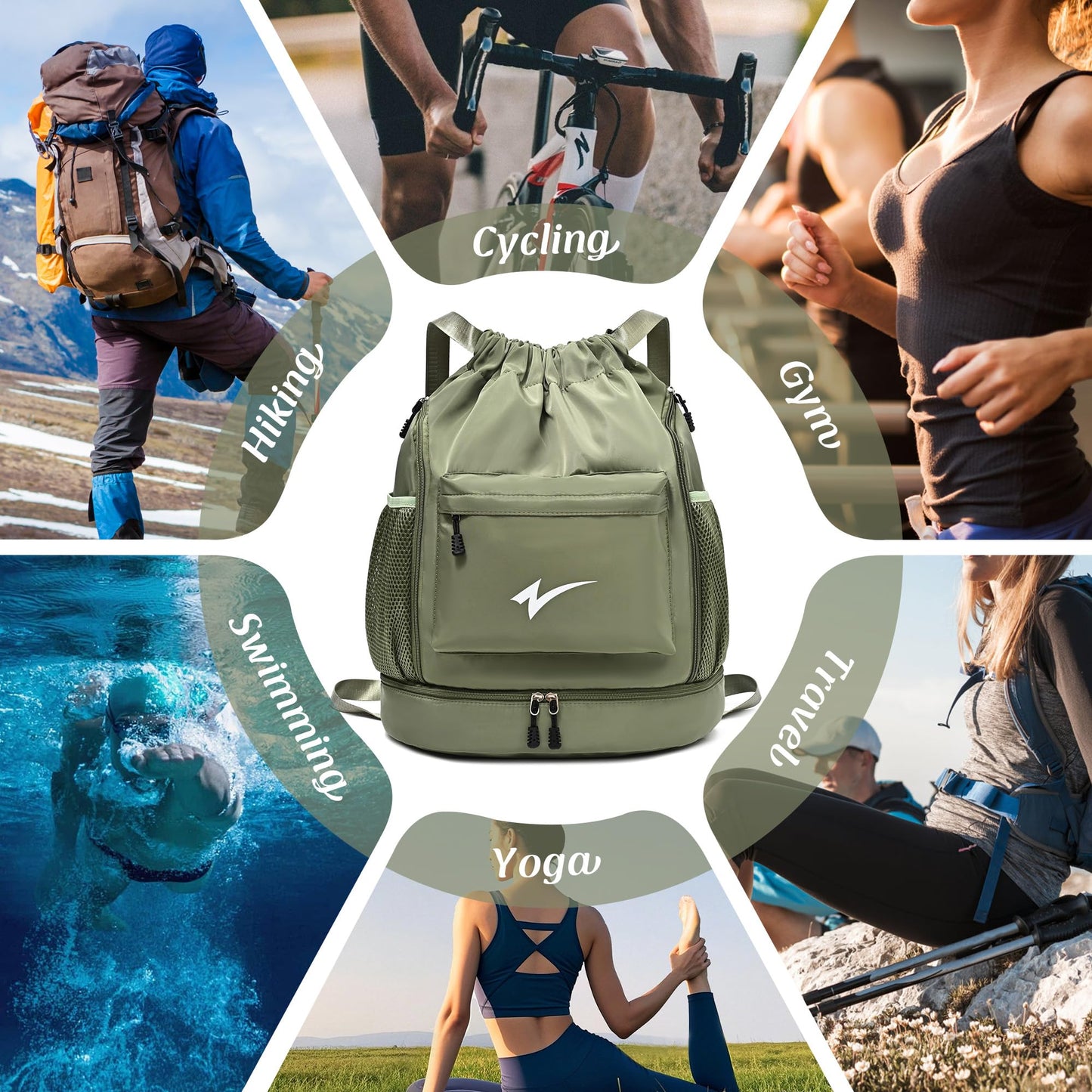 U·helper Sport Drawstring Backpack, Gym Bag with Mesh Side Pockets and Separate Shoe Compartment, Water-Resistant (Army-Green)