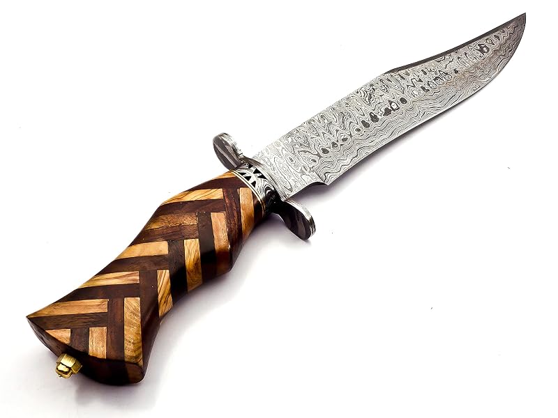 Damascus Fixed Blade Hunting Knife with Rosewood Handle & Leather Sheath – 15in Overall