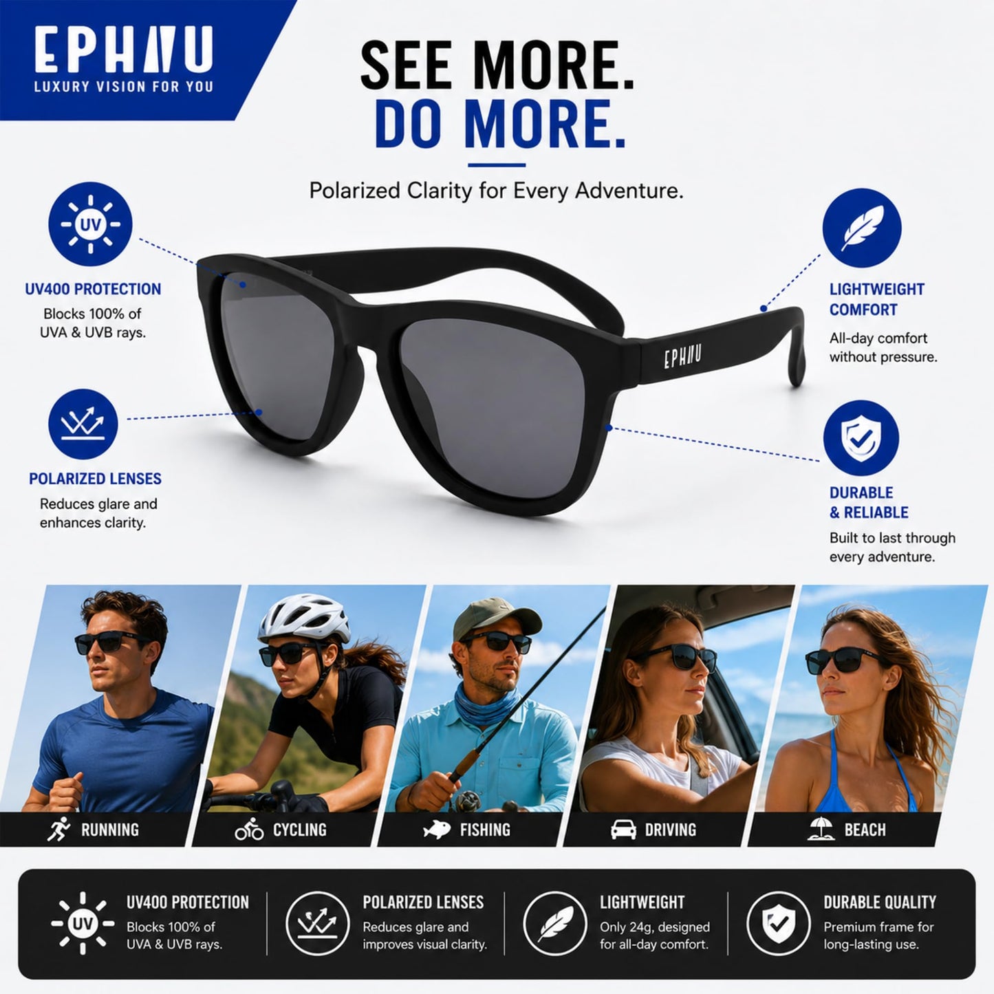 EPHIU Polarized Sports Sunglasses for Men Women Mirror Lens - Lightweight UV400 Running Sunglasses No Bounce No Slip for Hiking Cycling, Black/Grey