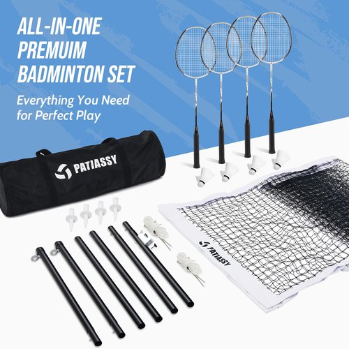 Patiassy Professional Badminton Set with Carbon Aluminum Badminton Rackets Set of 4, Outdoor Portable Badminton Net with Winch System, 2 Goose Feather Badminton Shuttlecocks, Boundary and Carrying Bag