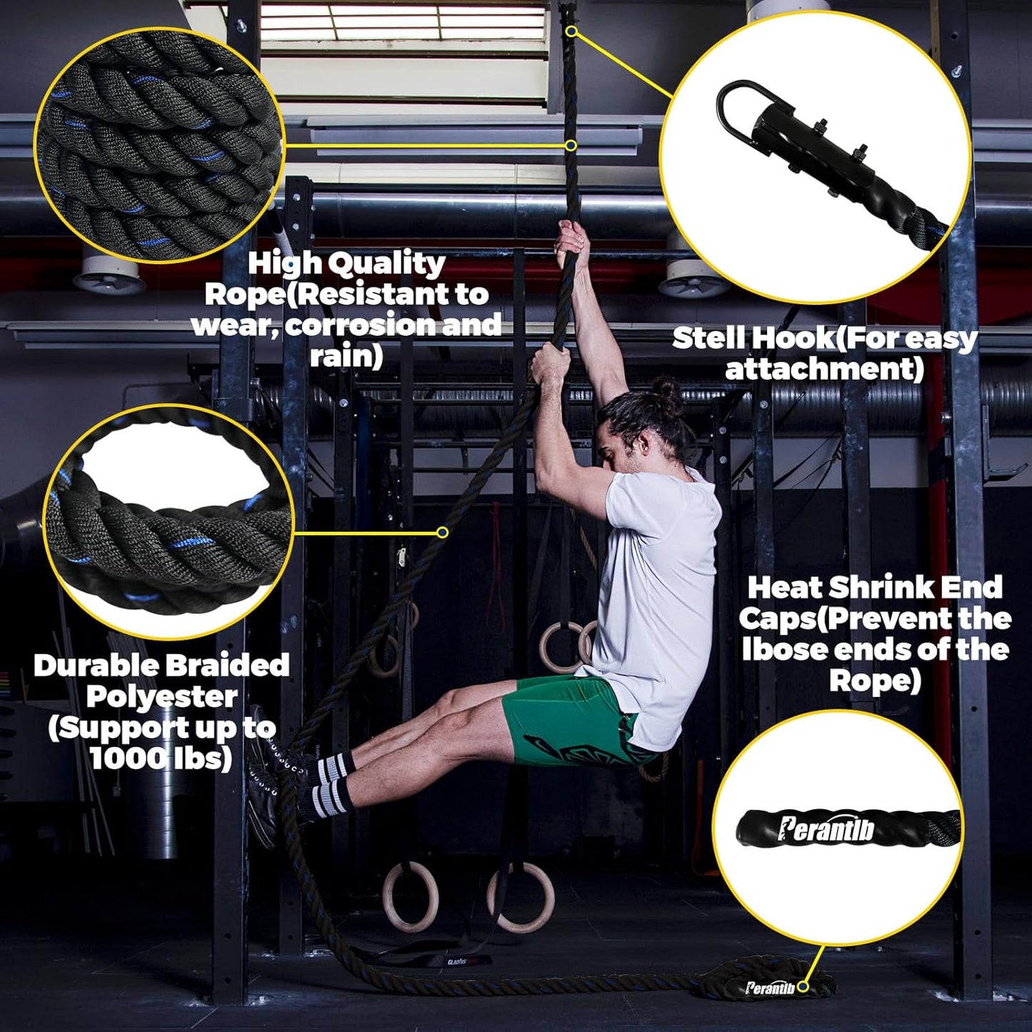 100% Polyester Climbing Rope with Hooks - Heavy Duty 1000LBS Load Capacity, 1.5inch Diameter, 10,15,20,25,30,50ft Length for Outdoor Rock Climbing, Rescue & Escape (20ft)