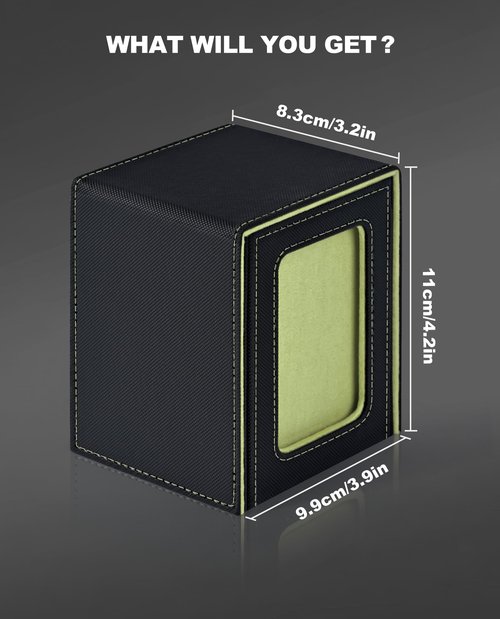 MTG Card Deck Box with Commander Window Display, Leather Magnetic Card Storage Box Holds 100 Double-Sleeved Cards Suitable for TCG/CCG/PTCG/EDH/Magic/Sport Cards(Black&Green)