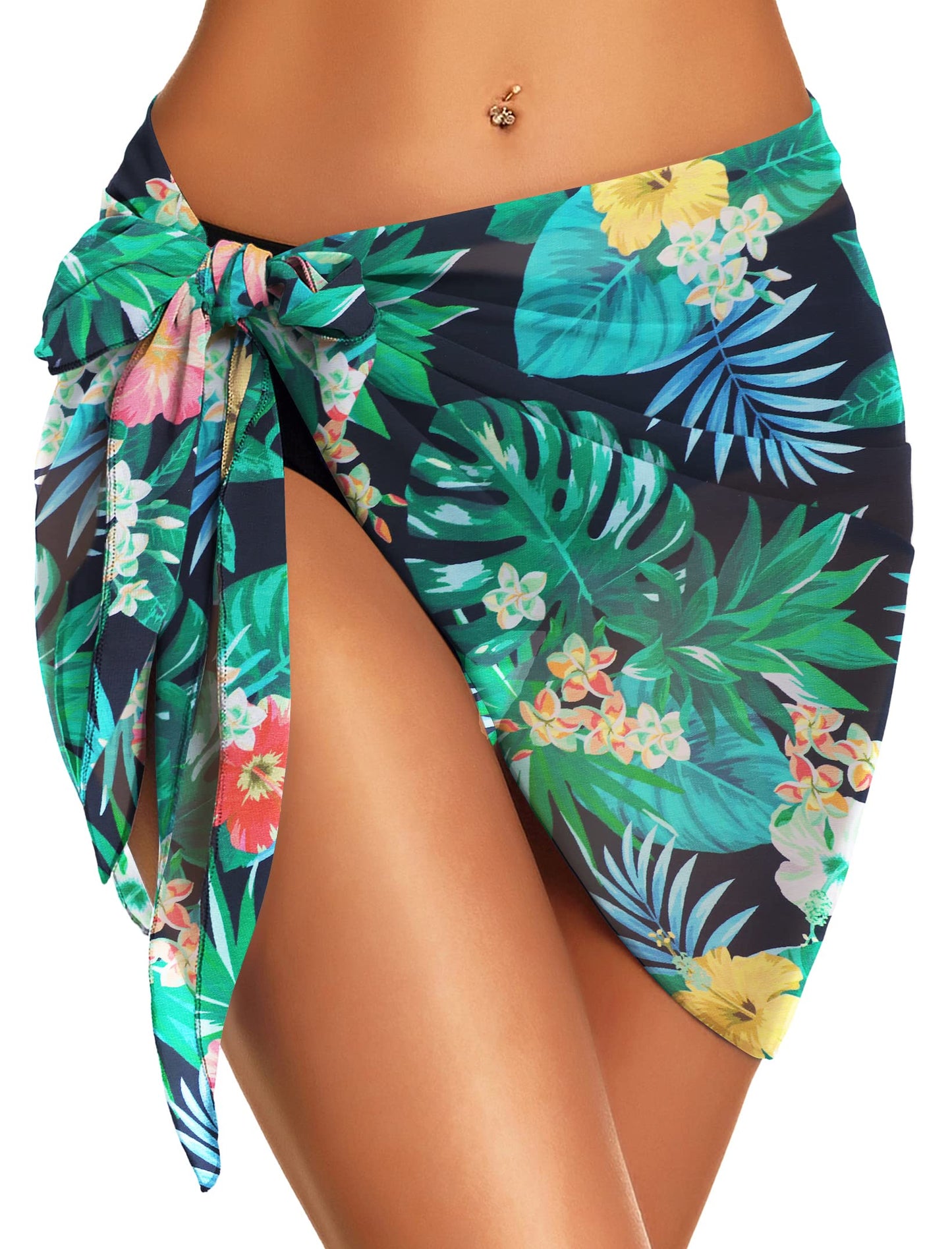 Swimsuit Coverups for Women Sarong Beach Bikini Wrap Sheer Short Skirt Chiffon Scarf for Swimwear (Green Floral Leaf,XL)
