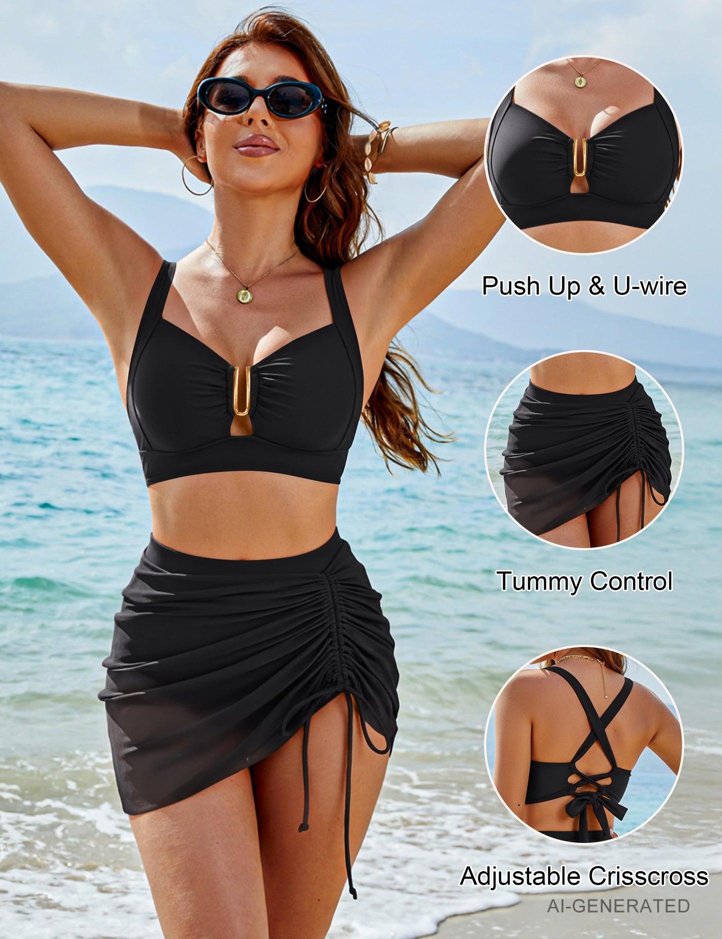 Blooming Jelly Women Mesh High Waisted Bikini Sets Tummy Control Swim Skirt