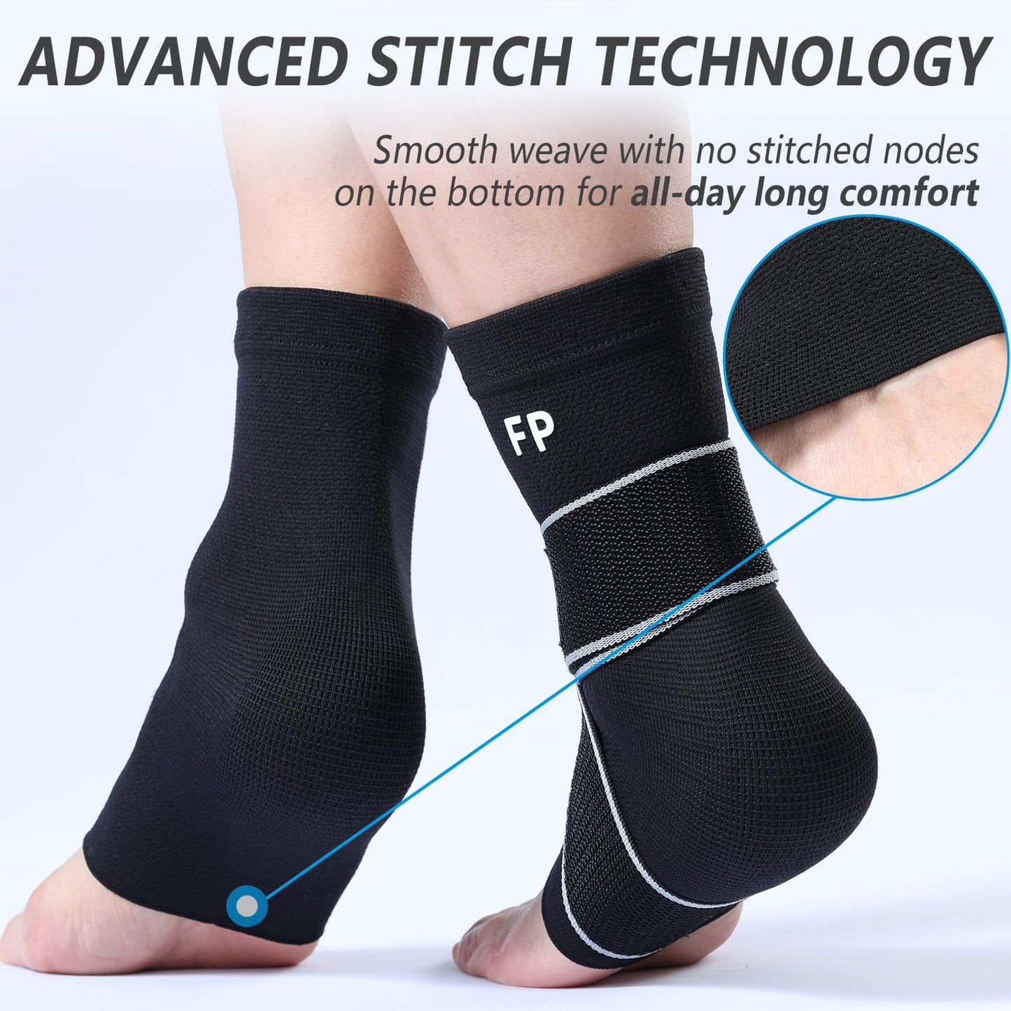 FvaPemm Copper Ankle Brace for Women Men-2 Pack Ankle Sleeve Compression Support for Sprained Ankle, Plantar Fasciitis Relief & Achilles Tendonitis Brace, Sports, Running, Black, XL