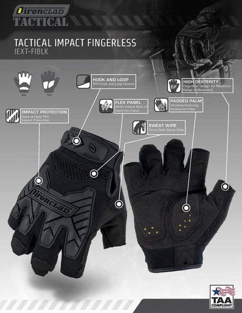 Ironclad IEXT-FIBLK-04-L Tactical Fingerless Impact Glove Black, Large