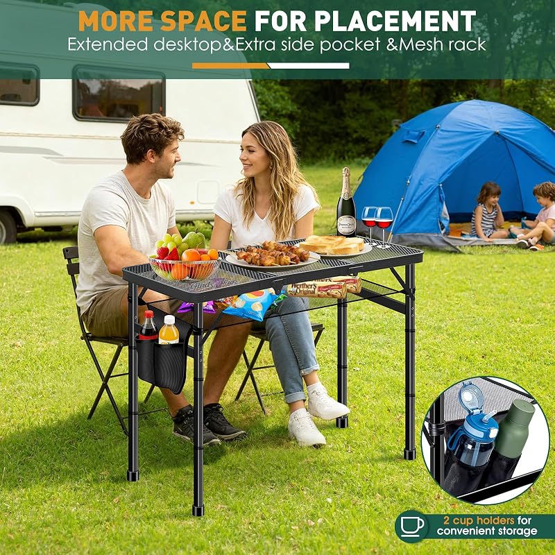 3ft Aluminum Folding Camping Table with 3 Heights, Stain-Resistant, 66 lb Capacity