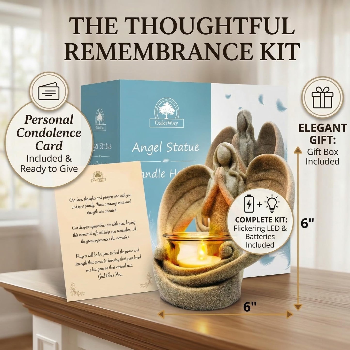 OakiWay Memorial Candle Gifts – Angel Figurines Tealight Candle Holder, Sympathy Gifts for Loss of Loved One, W/Flickering Led Candle, Bereavement, Grief, Funeral, Remembrance, Memory Home Decorations