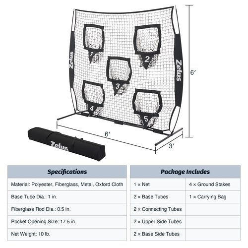 ZELUS 6 x 6ft Football Throwing Net, Quarterback Training Equipment with 5 Target Pockets, Football Practice Throwing Passing Accuracy Trainer with Carry Bag Ground Stakes, Black