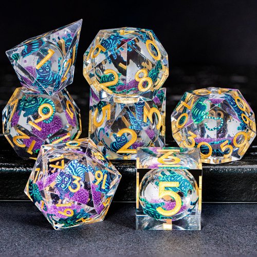 OGCOPHEN DND Cat Dice 7PCS Polyhedral Sharp Edge Dice Set with Gift Case for Dungeons Dragons Role Playing Game, RPG Resin D and D Dice D6 D8 D10 D12 D20 D% (Gold Purple)