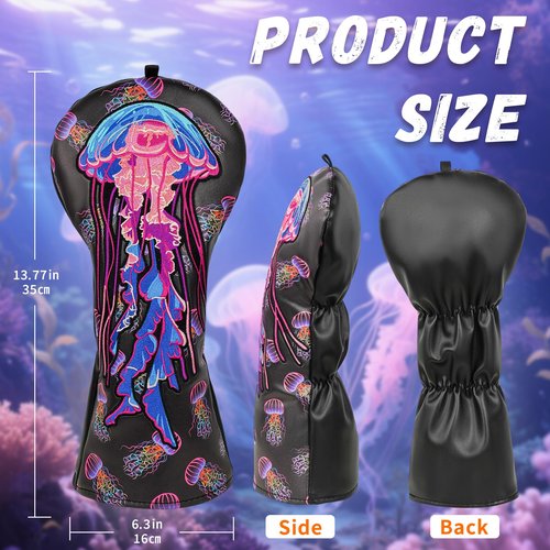 LZFAN Golf Club Head Covers Driver Fairway Wood Hybrid Golf Club Headcover Leather Protector Heavy Embroidered Colorful Jellyfish