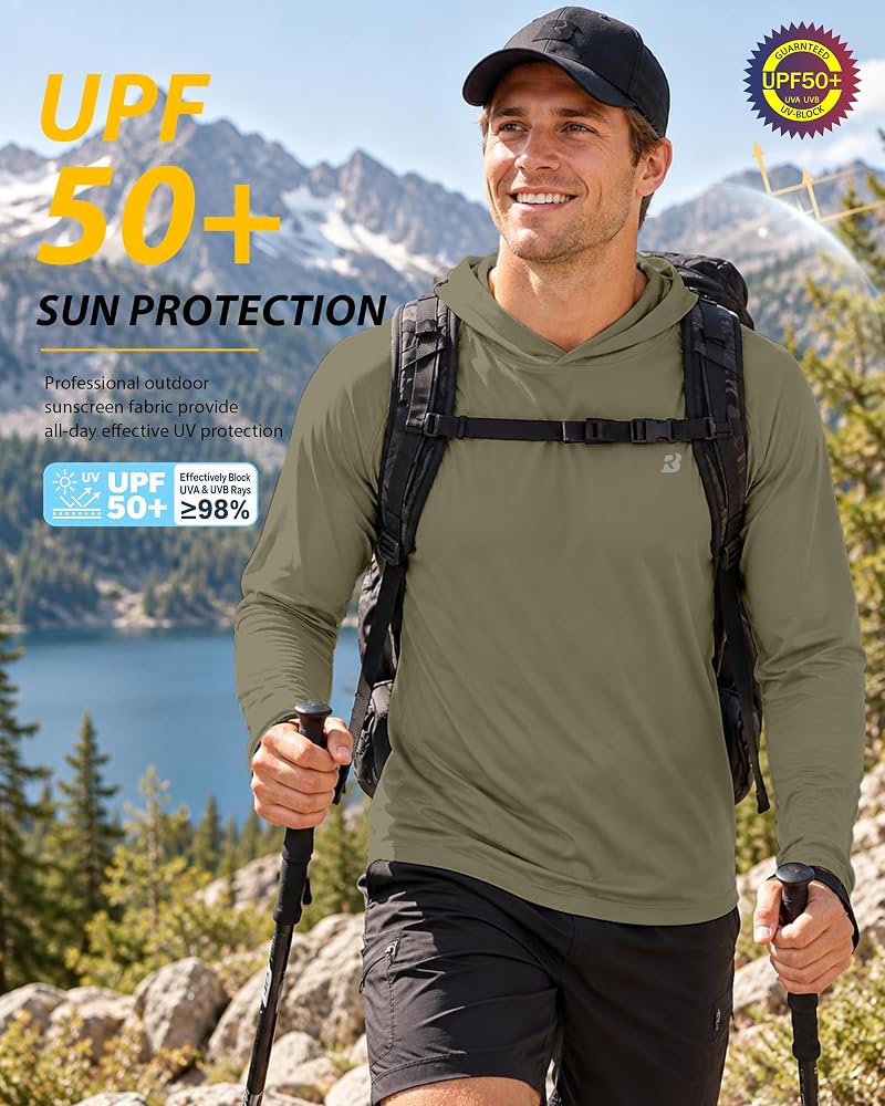 Roadbox UPF 50+ Sun Hoodie for Men, Long Sleeve Fishing Shirt with Hood - Khaki, Medium