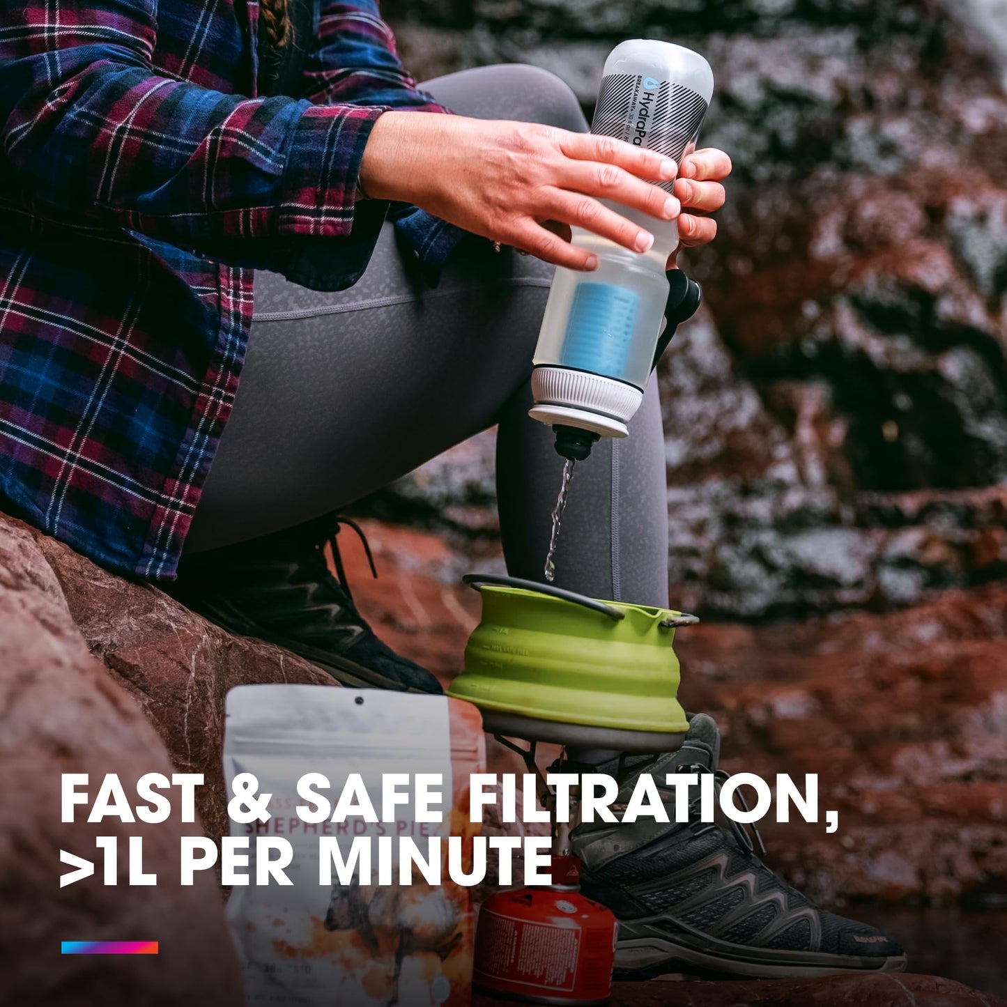 HydraPak Breakaway+ Filter Water Bottle (30oz) - Hike & Bike Squeeze Water Bottle, Fits Backpacks & Bike Cages - Clear