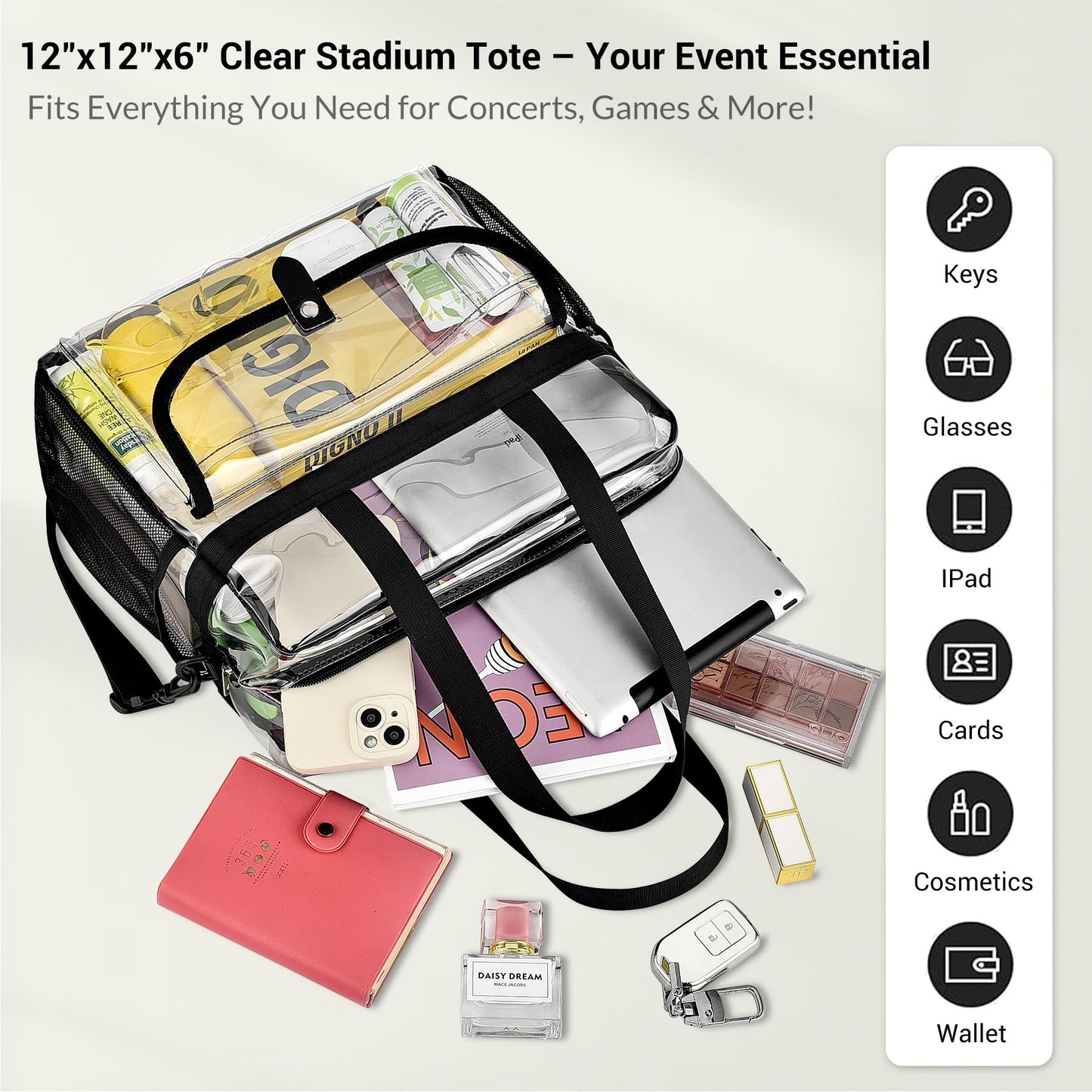 Higuyst Clear Tote Bag 12x12x6 for Sports Events & Concerts,Transparent Stadium Bag with Adjustable Strap, Mesh Pockets (Black)
