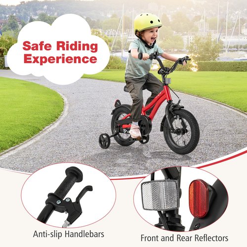 BABY JOY Kids Bike, 12 14 16 18 Inches Sporty Bicycle with Training Wheels, Adjustable Seat, Handbrake & Coaster Brake, Reflectors, Girls Boys Bike for 3-8 Years Old Children (12", Red)