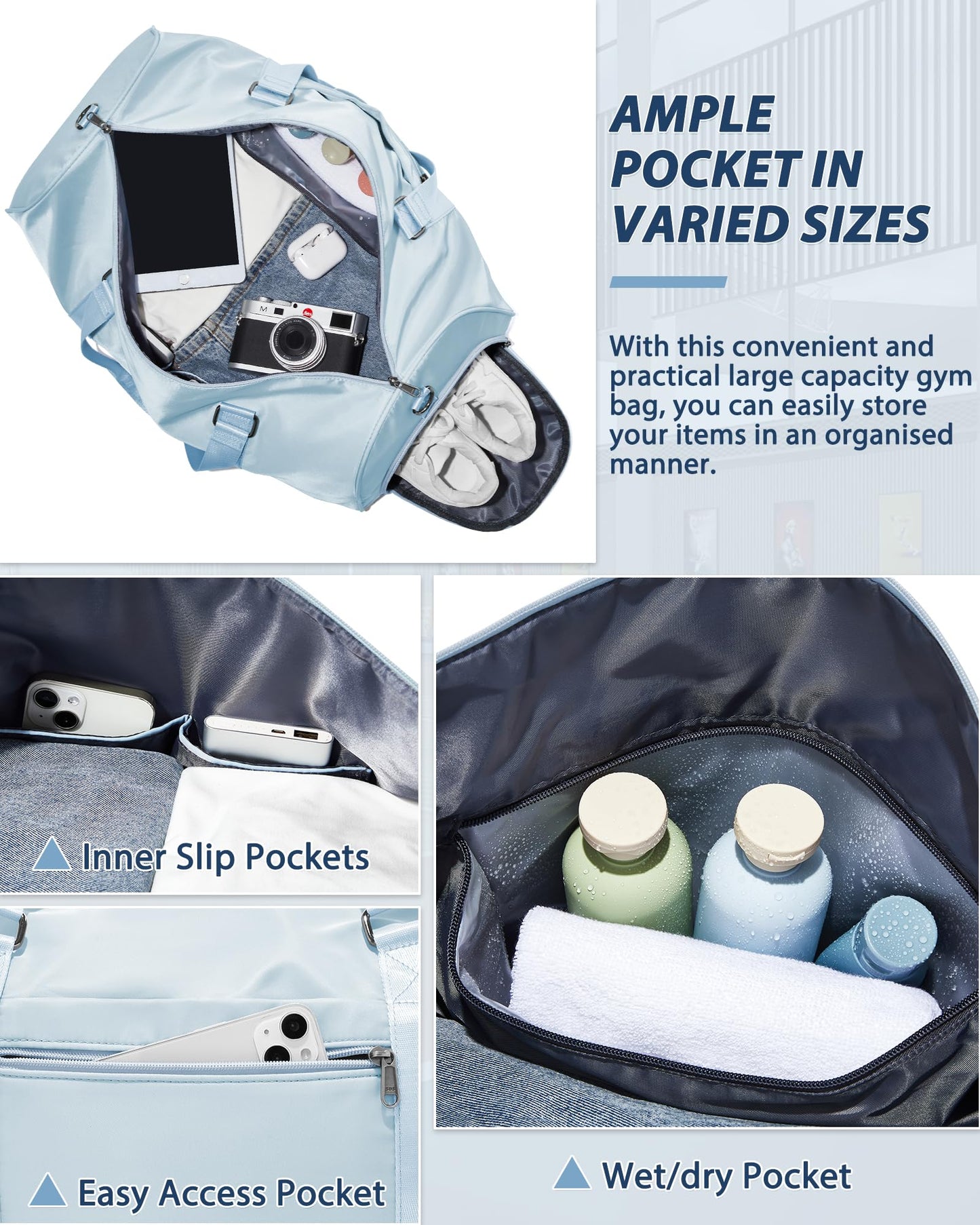 Gym Bag for Women Men with Shoe Compartment,Small Travel Duffle Bags for Traveling Overnight Weekender Bag Personal Item Travel Bag Large Sport Gym Bag Workout Bag Hospital Holdalls Sky Blue
