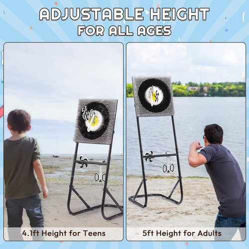 A11N SPORTS Axe Throwing Game with Steel Frame and Bristle Target, Safe Indoor Outdoor Target Game Set, Adjustable Height Yard Game with Axes & Stars for Backyard, Lawn, or Party Play (White/Yellow)