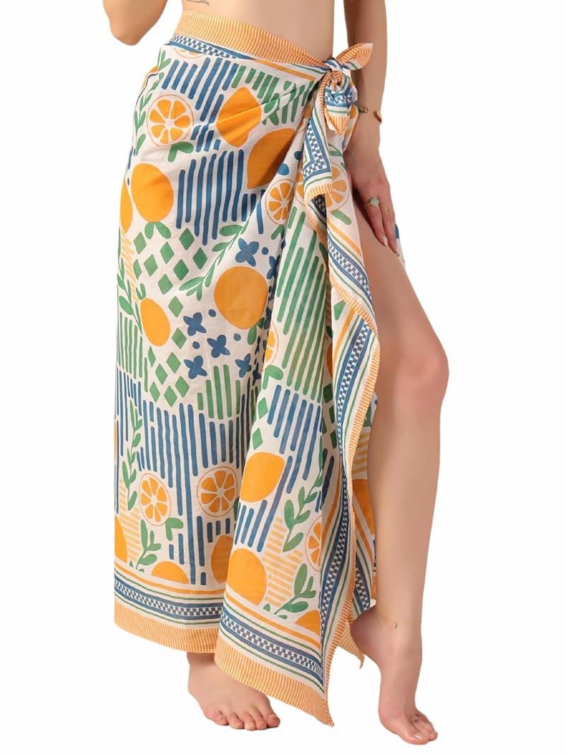Citrus Pattern 100% Cotton Sarong Cover Up for Women – Indian Block Print Beach Wrap (73” x 43”)