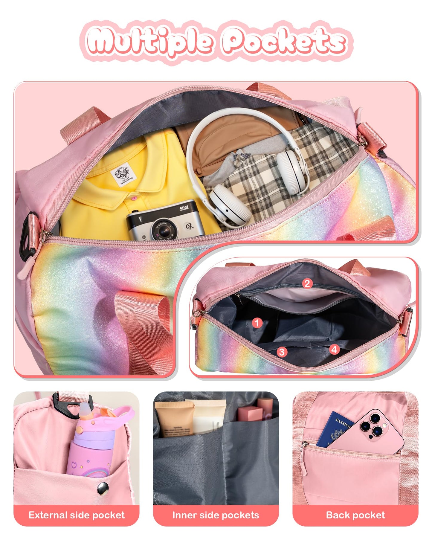 Vogewood Gifts for 3 4 5 6 7 8 9 Year Old Girls-Girl Gym Bag with Shoe Compartment, Kid Personalized Weekender Overnight Bags, Initial Travel Tote with Makeup Pouch, Easter Gift for Teen (Letter C)
