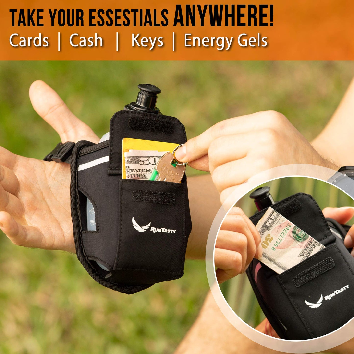 2-in-1 Running Fun Black Handheld 12 Oz Water Bottle & Belt Add-on – Strap to Hand or Slide on Belt – Waterproof Pocket for Money, Key, ID – Maximize Your Time, Freedom & Health