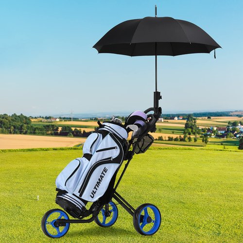 GYMAX Folding Push Cart, 3 Wheel Height Adjustable Lightweight Golf Trolley W/Umbrella Holder & Mesh Bag, Quick Open Fold Cart (Blue)