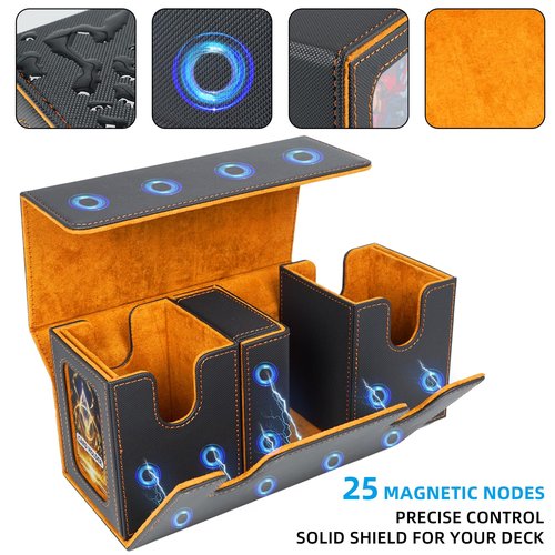 AFIING MTG Commander Deck Box 200 Double Sleeved Cards Storage, 3-in-1 Magnetic Card Case Organizer for Magic: The Gathering TCG CCG, 4 Dividers & 2 Toploaders (Black/Orange)
