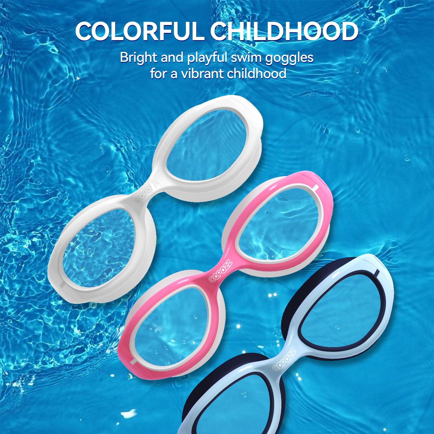 COPOZZ Kids Swim Goggles | Anti-Fog & HD | Comfy 3D Fit | Durable Unisex-Child Swimming Goggles for Boys & Girls Ages 3-14