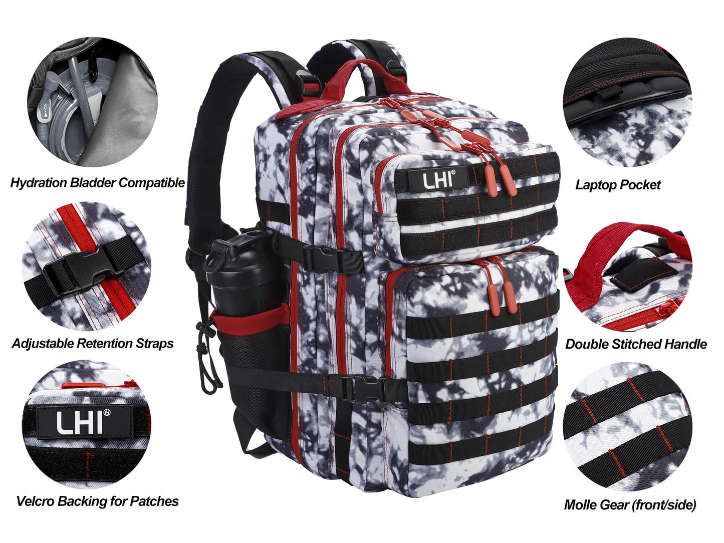 LHI Military Tactical Backpack for Men and Women 45L Army 3 Days Assault Pack Bag Large Rucksack with Molle System Black and white