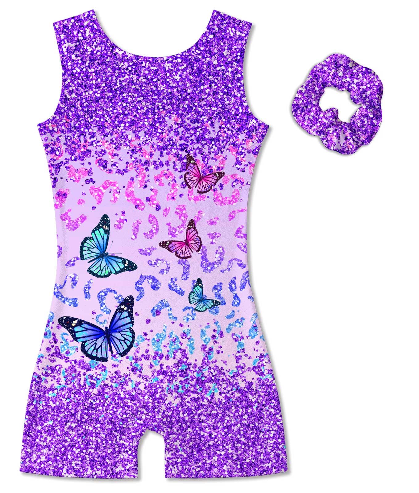 Vogseek Sparkly Gymnastics Leotards for Girls 11 12 Years Cute Butterflyss Glitter Ballet Dance Unitards Biketards with Hair Scrunchie Kids Tumbling Shorts Activewear Clothes, Purple