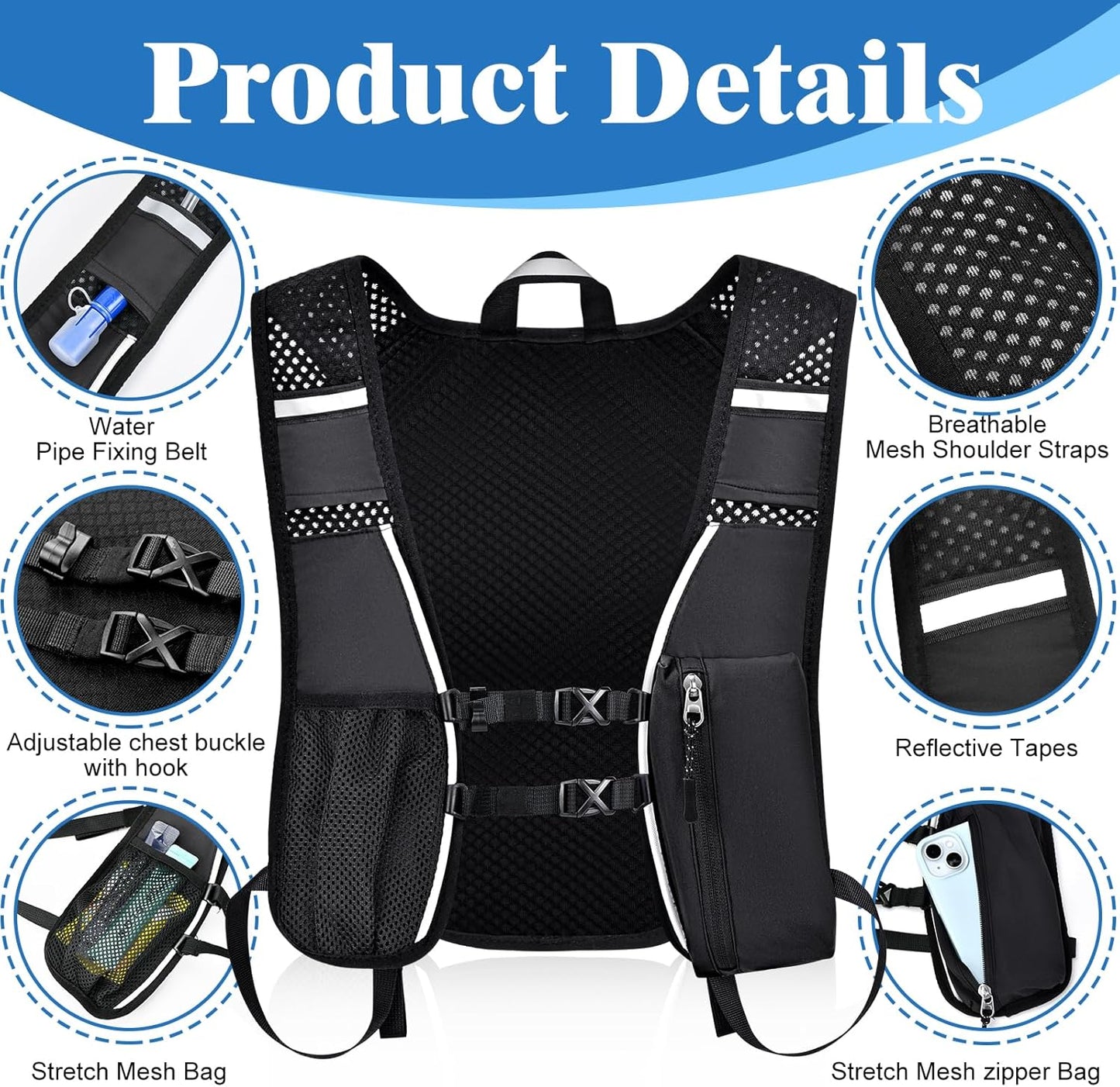 Hydration Backpack with 2L Water Bladder Bag, Lightweight and Breathable Running Vest for Men, Adjustable Chest Straps Water Pack for Cycling Hiking Climbing Outdoor