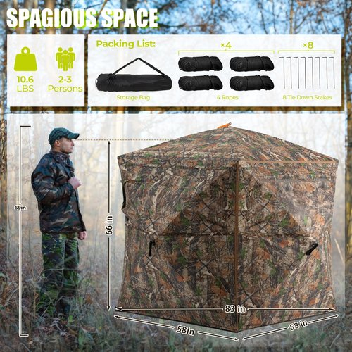 HUNTSEN Hunting Blind 360 Degree See Through Ground Blind with Full Open Door - 2-3 Person Pop Up Hunting Tent with Carrying Bag for Deer & Turkey