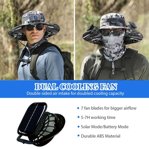 Solar Fan Hat,Wide Brim Solar Fan Outdoor Fishing Hat,Men Sun Hat with 2 Solar Fan Fishing Hats,3 Speed Adjustable Fans Hats (US, Alpha, One Size, Black and White)