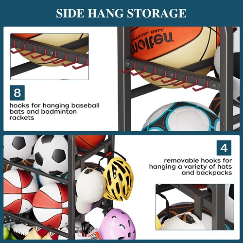Homeiju Sports Equipment Organizer, Ball Storage Rack, Garage Sports Gear Rack with Wheels and Hooks, Indoor/Outdoor Shelf Rack for Sports Gear, Black