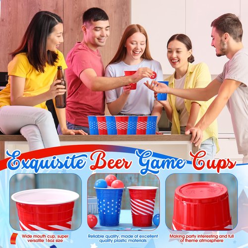 Foilswirl 32 Pcs 4th of July Party Game Set Include 16oz Patriotic 4th of July Plastic Cups with 8 Balls Red White Blue Cups for Independence Day Party Decor Juice Beverage Outdoor Toss Game Supplies